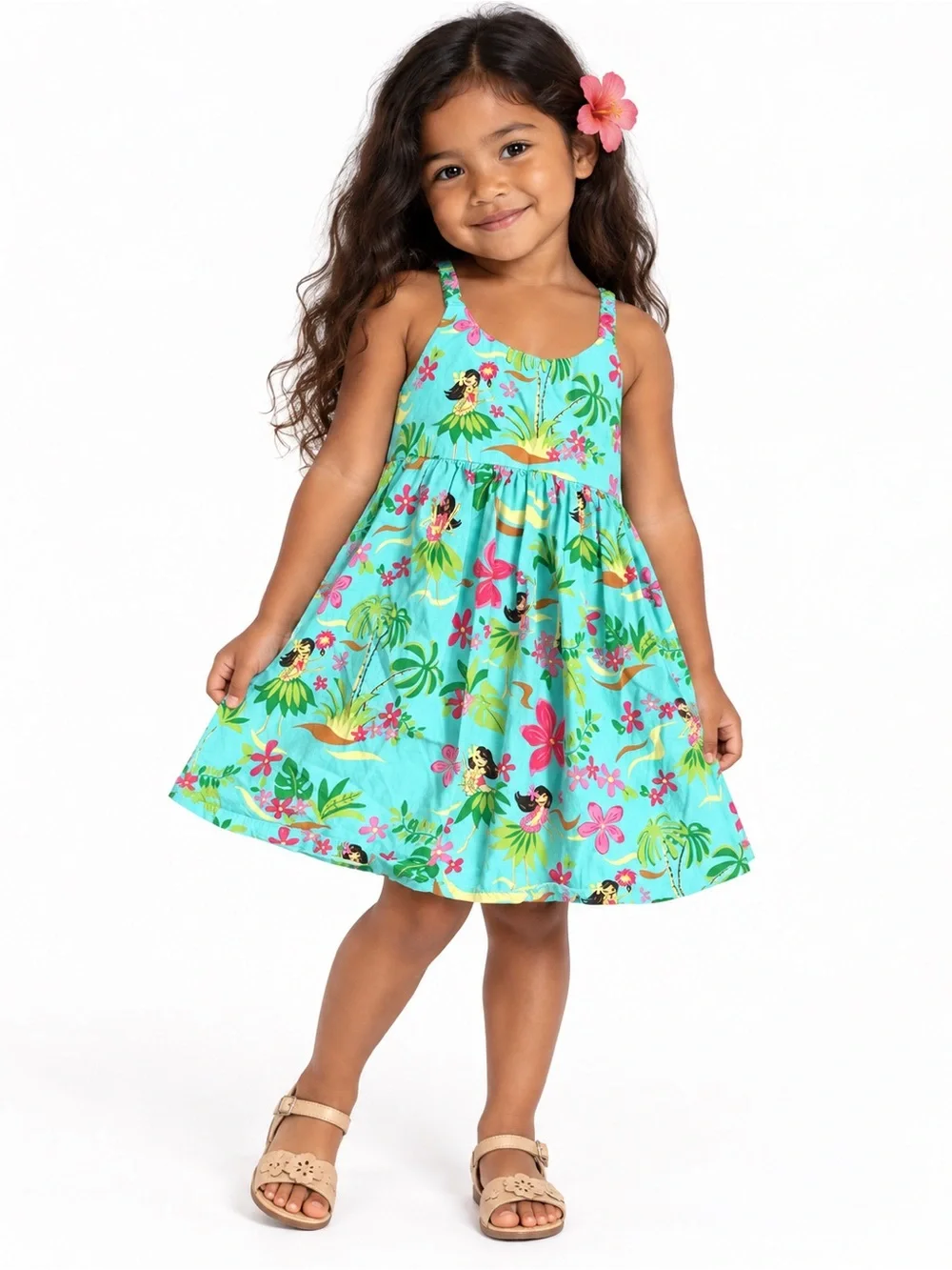 RJC Girls 4T Hawaiian Hula Girl Tropical Floral Turquoise A Line Sundress Dress
